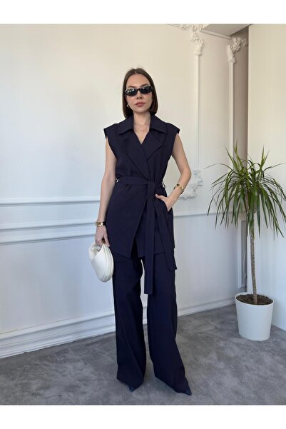 QİMYA BUTİK MAGARDE Women's Mid-Length Belted Vest and Loose Trousers Double Linen Set