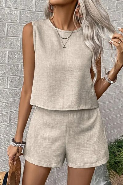 Siner Fashion Women's Linen Blouse Shorts Summer Suit