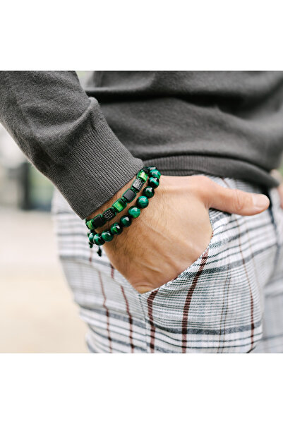 GT Collection Pánský náramek GT Collection s plochými korálky, TYGŘÍ OKO, ČERNÝ ONYX, energetické kameny, univerzální velikost a nastavitelná šňůrka