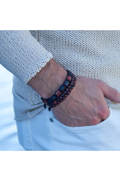 GT Collection Pánský náramek GT Collection s dvojitými korálky a energetickými kameny ČERVENÉ TYGŘÍ OKO, univerzální velikost a nastavitelná šňůrka