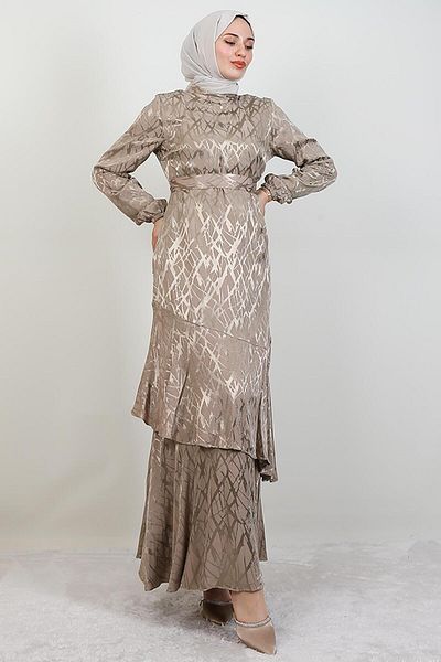 GİYZAMİLA Self Patterned Asymmetrical Dress Beige