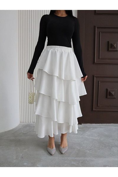 Viskosa Viscose cu volan în trei straturi, fustă lungă elegantă și confortabilă de vară, talie elastică, stil elegant de vară pentru femei, fustă formală