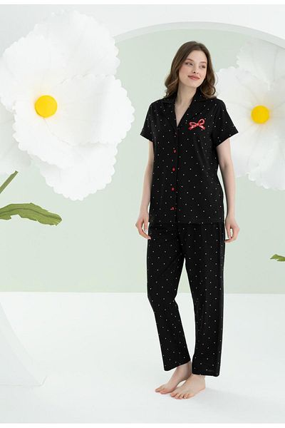 NBB Women's Black Pajama Suit with 100% Cotton, Polka Dot