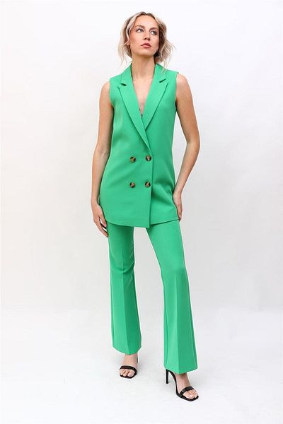 ÖNDER ÖZSOY Midi Length Classic Vest & Flared Trousers-Green