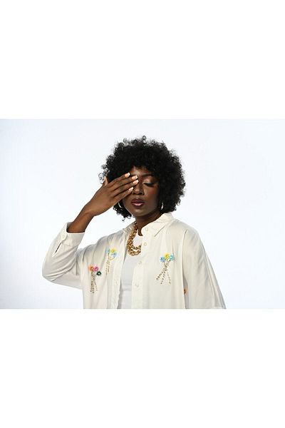 Orfeo Negro Women's Colorful Stoned Beaded Cotton Satin Shirt