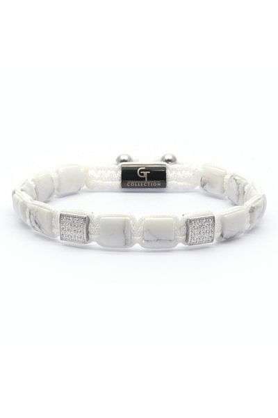 GT Collection Brățară bărbătească cu mărgele plate din colecția GT, pietre energetice HOWLITE ALBE, mărime universală și șnur reglabil