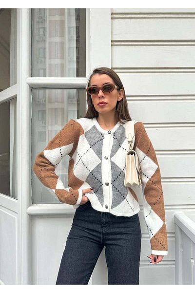 QİMYA BUTİK Qu Style Women's Diamond Patterned Crew Neck Cardigan