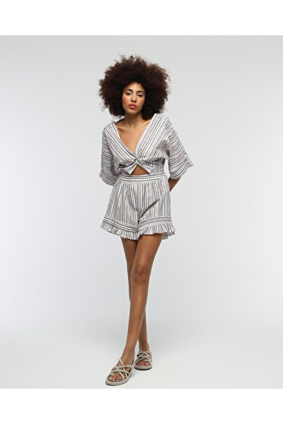 Stil Sepeti Women Lilac V Neck Short Sleeve Striped Ruffle Detail Mini Jumpsuit Tll-1000412300