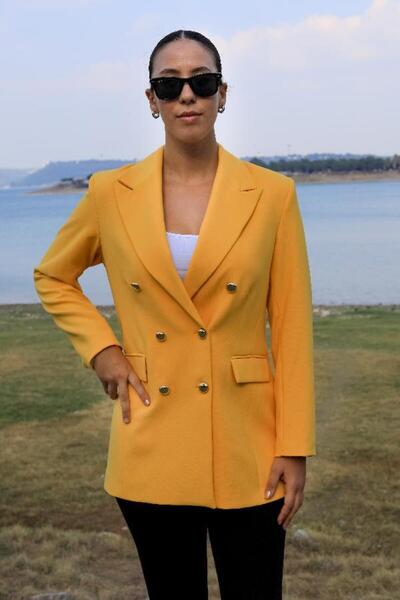 PARKDERİN ASHLEY PLUS SIZE LONG GOLD BUTTON YELLOW BLAZER JACKET
