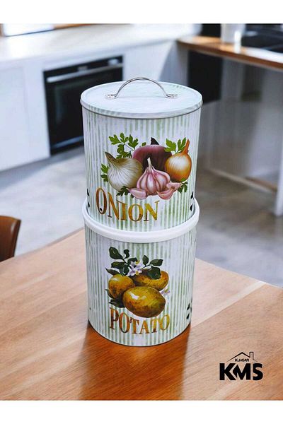 KMS Kumsar Set of 2 Metal Potato Onion Holder Storage Container Patterned