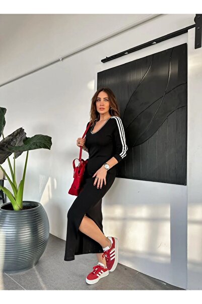 QİMYA BUTİK EGZOTIC Asortik Γυναικείο φόρεμα με λαιμόκοψη σε σχήμα V και μακρύ μανίκι με 3 ρίγες, μίντι μήκους, χτενισμένο βαμβακερό φόρεμα