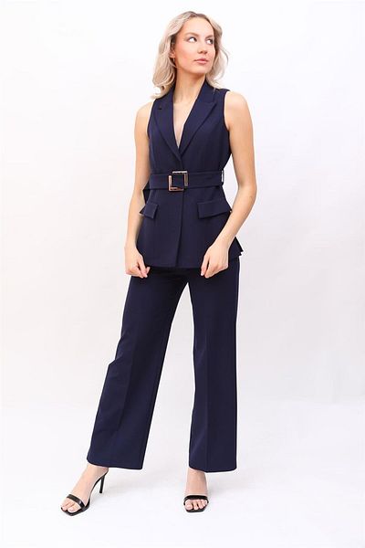 ÖNDER ÖZSOY Belted Classic Vest & Wide Leg Pants Set-Navy Blue
