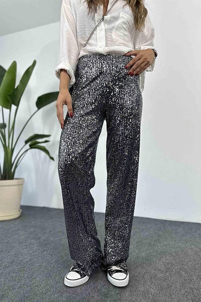 BEBE PLUS Pantaloni largi de damă cu talie elastică și paiete cu paiete