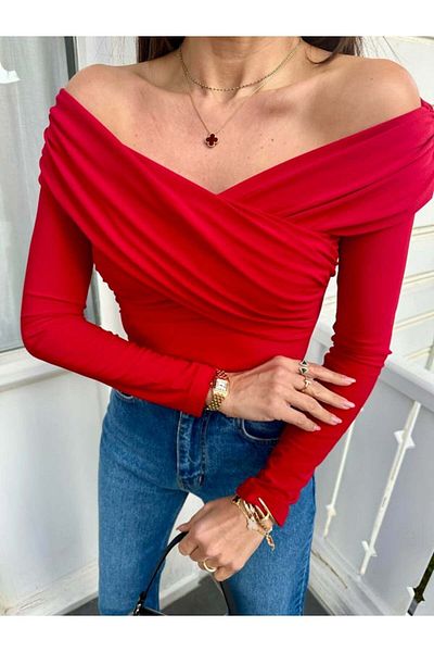 QİMYA BUTİK Women's Cross Collar Off-the-Shoulder Blouse
