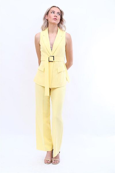 ÖNDER ÖZSOY Belted Classic Vest & Wide Leg Pants Set-Yellow