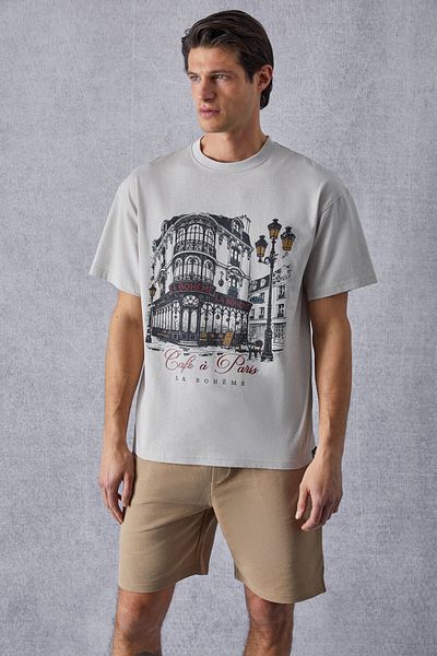 GRIMELANGE Boheme Men's Oversize Fit Beige T-Shirt