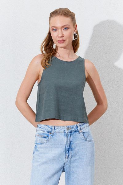 TENA Women's Khaki Crew Neck Sleeveless Back Half Zip Linen Blouse