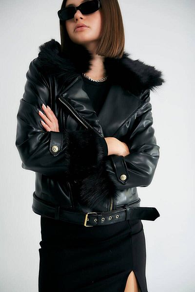 Robin ROBIN Women's Cross Zipper Cuff Collar and Full Fixed Fur Inside Leather Biker Coat