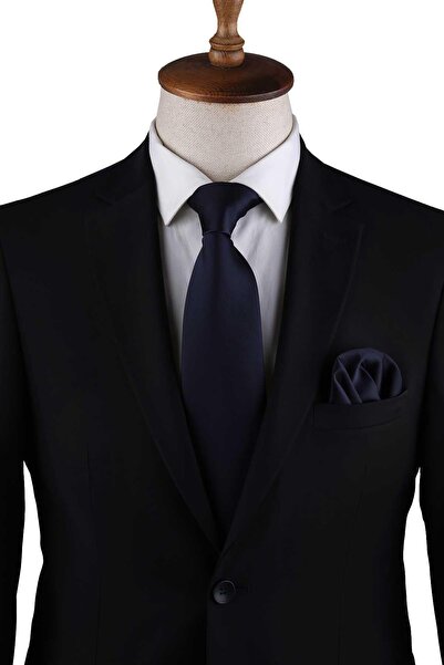 Kravatkolik Navy Blue Reps Textured Classic Tie with Plain Handkerchief Kk13176