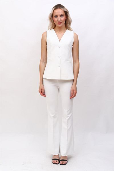 ÖNDER ÖZSOY Long Classic Vest & Flared Trousers Suit-White