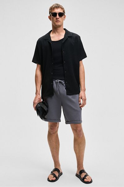 GRIMELANGE Youri Men's Elastic Waist Back Single Pocket Relaxed Fit Gray Shorts