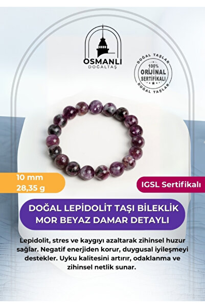 OSMANLI DOĞAL TAŞ IGSL Sertifikalı Doğal Lepidolit Taşı Bileklik – 28,35  Mor...