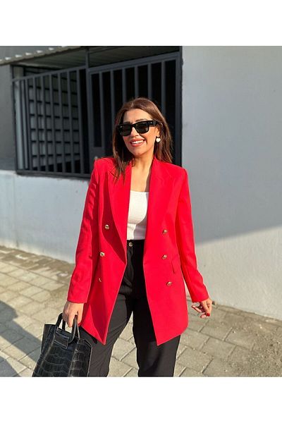 Ashley Large Size Long Gold Buttoned Red Color Blazer Jacket