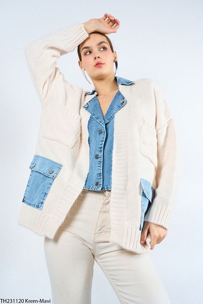 QİMYA BUTİK Qu Style Women's Jean Detailed Oversize Cardigan