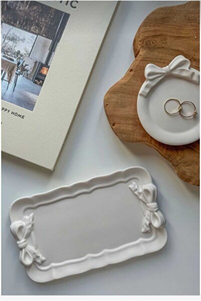 MUMELLA Dekoratif Fiyonklu Beyaz Kurdele Tepsi , Tabak , Takı Tepsisi El Yapı...