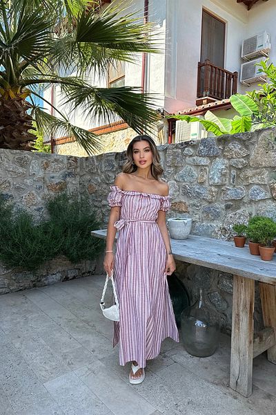 Stil Sepeti Women Red Striped Madonna Collar Short Sleeve Belted Slit Detail Midi Dress Tll-1000478501