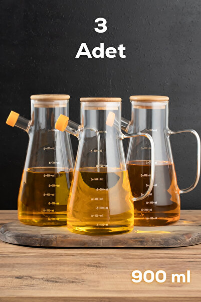 Porsima 401275 3'lü Alisa Bambu Kapaklı Borosilikat Ölçekli Cam Yağlık Yağdan...