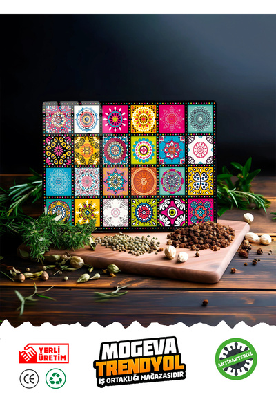 MOGEVA Antibakteriyel Retro Mozaik Cam Kesme Tahtası Sunum Tablası Küçük Boy ...