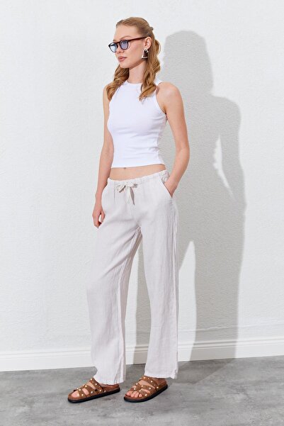 TENA Women's Stone Waist Rope Tied Linen Side Pocket Wide Leg Pants