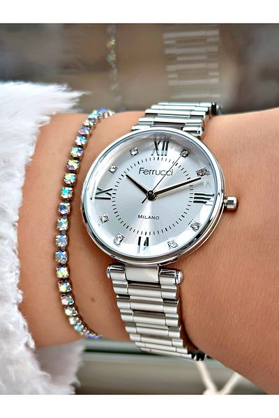 Ferrucci Silver Color Plain Model Roman Numeral Steel Cord Women's Wristwatch + Bracelet