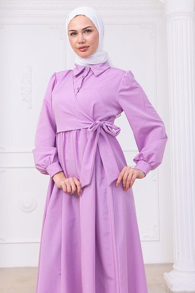 hafsamina Side Tie Hijab Dress Lilac Hm2753