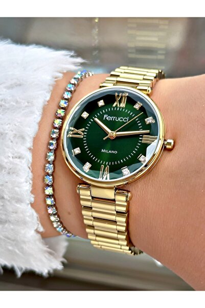 Ferrucci Altın Renk Sade Model Roma Rakamlı Çelik Kordon Kadın Kol Saati + Bİ...