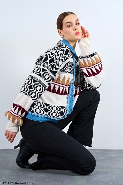 QİMYA BUTİK QU STYLE Жіночий джинсовий кардиган оверсайз з килимовим візерунком