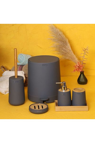AROW Pedal Acrylic 6 Piece Round Bathroom Set Bamboo Gray Tulip Tr-3727