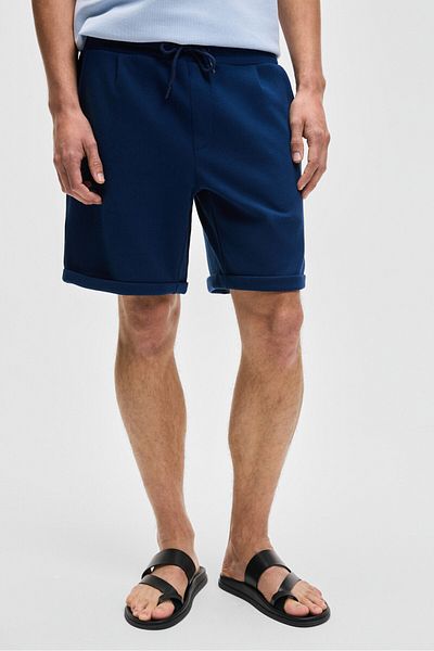 GRIMELANGE Youri Men's Elastic Waist Back Single Pocket Relaxed Fit Navy Blue Shorts
