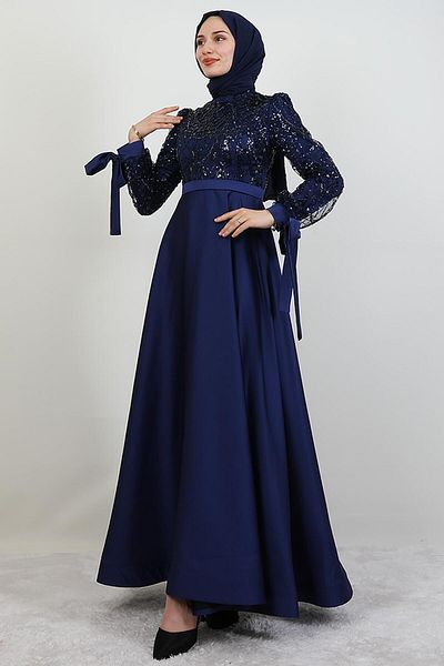 GİYZAMİLA Βραδινό φόρεμα Stoned Satin Hijab Navy Blue