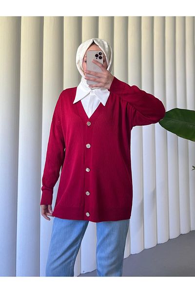 Modamorfo Buttoned Ribbed Knitwear Cardigan -Red