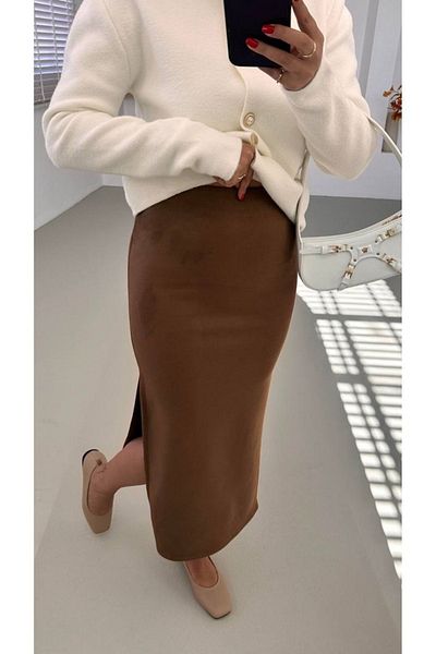 QİMYA BUTİK Chamakh Women's Elastic Waist Deep Slit Suede Long Pencil Skirt