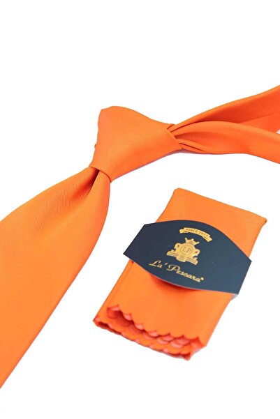 Kravatkolik Orange Reps Textured Classic Tie with Plain Handkerchief Kk13178