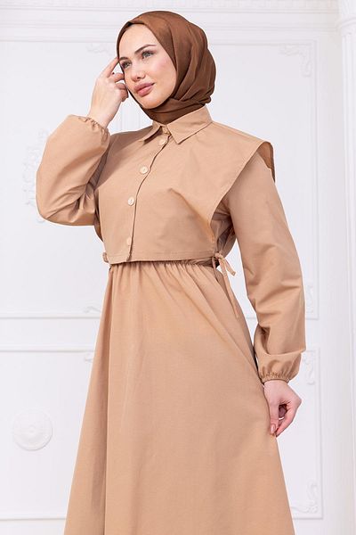 hafsamina Bolero Elastic Waist Dress Camel Hm2756