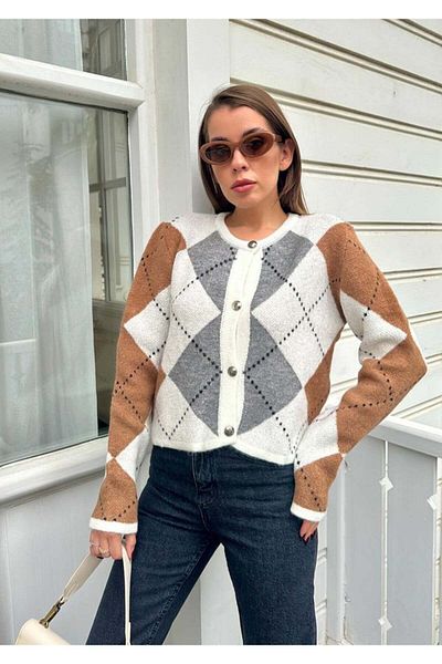 QİMYA BUTİK Qu Style Women's Diamond Patterned Crew Neck Cardigan