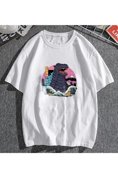 ELNOYA White Oversize T-Shirt |   Godzilla Printed Colorful Oversize T-Shirt