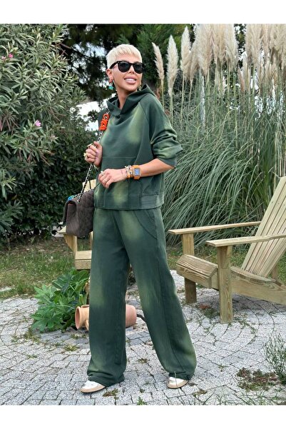 QİMYA BUTİK Exotic Asortic Women's Grinding Pattern Hooded Sweatshirt and Wide Leg Trousers Double Set