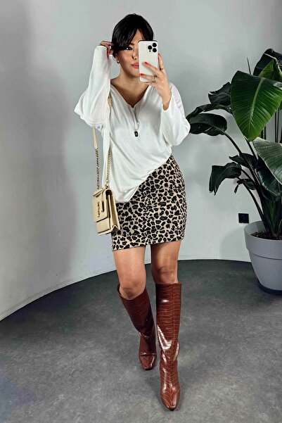 QİMYA BUTİK Women's Steel Knit Elastic Waist Leopard Patterned Mini Skirt