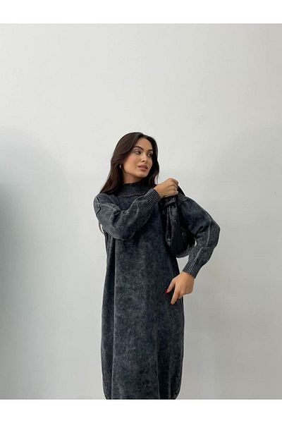 QİMYA BUTİK Die&More Women's Tie-Dye Washed Oversize Long Sleeve Loose Knitwear Dress