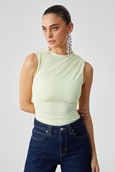 GRIMELANGE Canısa Kadın Slim Fit Sıfır Kol Yuvarlak Yaka Düz Renk Sarı Bluz